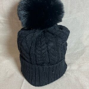 Kids Black Cable Knit Pom-Pom Beanie - Cozy Winter Hat